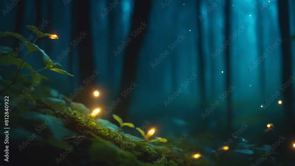 Close up of plants with fireflies in a magical dark forest at night. Fairy forest at night, fantasy glowing flowers and lights. Abstract fantasy background for banner or presentation with copy space.
