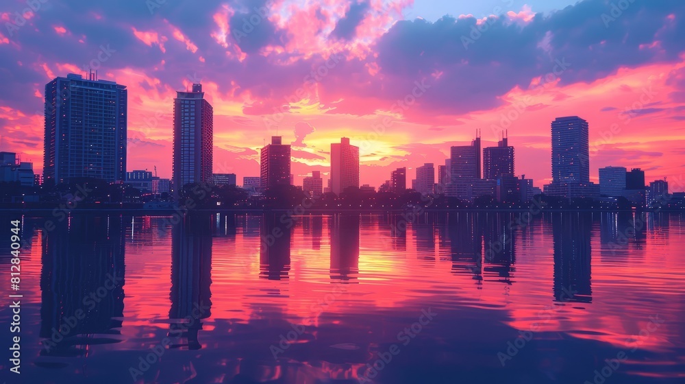 Obraz premium Sunset cityscape in a side view, reflecting the peaceful end of a day Scifi tone, Analogous Color Scheme