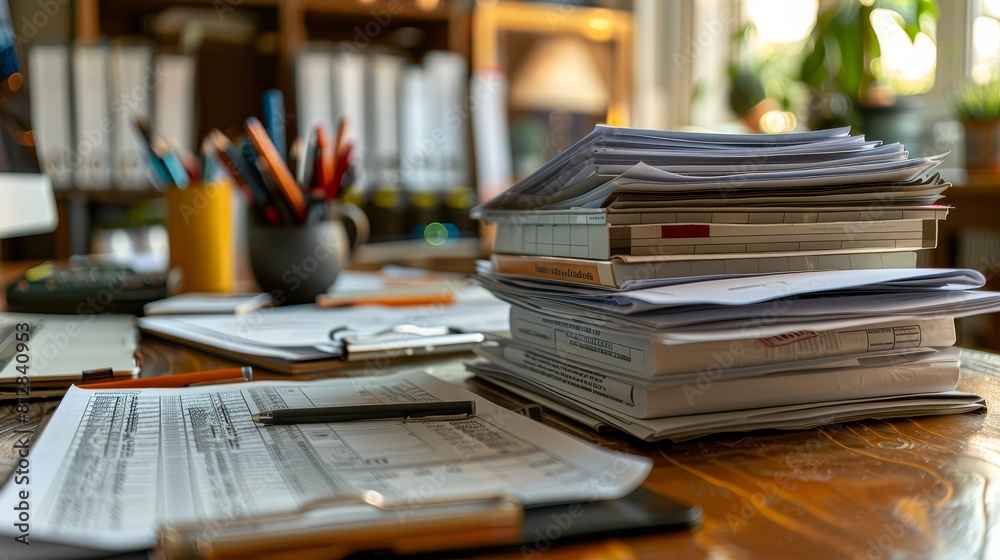 Tax preparation office in front view, organizing financial documents Technology tone, Colored pastel Tax preparation office in front view, organizing financial documents Technology tone, Colored pastel
