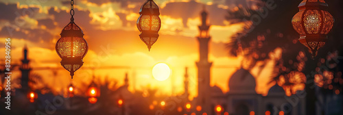 silhouette of mosque tower against sunset sky, framed by a palm tree and hanging lantern © YOGI C