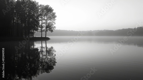 Tranquil lake at dawn in side view, serene and untouched Digital binary as object, Black and white