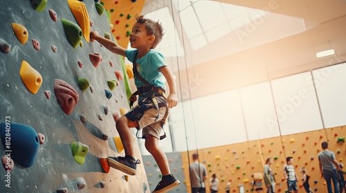 little child rock climbing at indoor gym