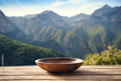 wooden cup on a mountain background