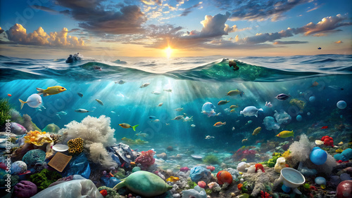 Ocean Plastic Pollution: Threats to Marine Life and Coastal Ecosystems. Perfect for: World Oceans Day, Coastal Cleanup Day, marine pollution awareness, plastic waste management, coastal conservation. © TingYi