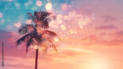 Copy space of silhouette tropical palm tree on sunset sky with bokeh light leak abstract background Summer vacation and nature travel adventure concept Pastel tone filter effect color : Generative AI