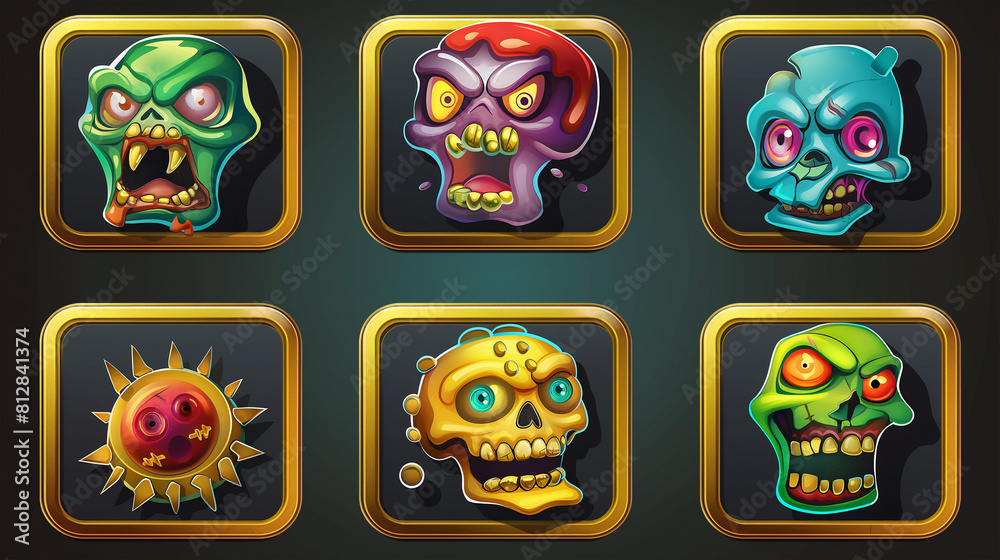 Fototapeta premium Zombie asset or Slot game icons on dark background, Illustration