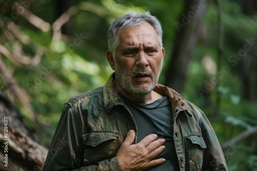 A middle aged man outdoors stopping in his tracks and pressing his hand against his chest showing signs of a heart attack