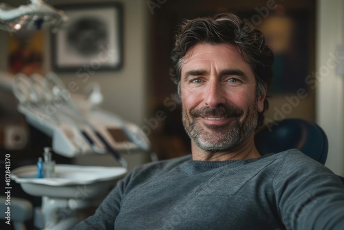 A handsome man seated in a dentist chair offering a relaxed and slightly anxious smile. The man experience of receiving dental care