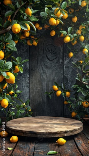 empty wooden podium on lemon trees garden for advertising, copy space