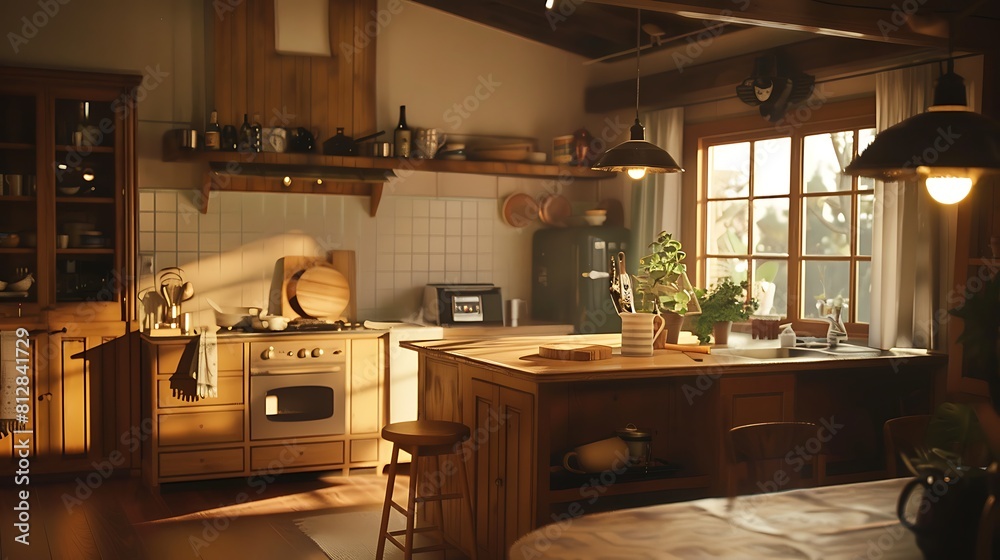 Cozy kitchen interior with warm wood tones and soft lighting, inviting relaxation and comfort in the heart of the home.