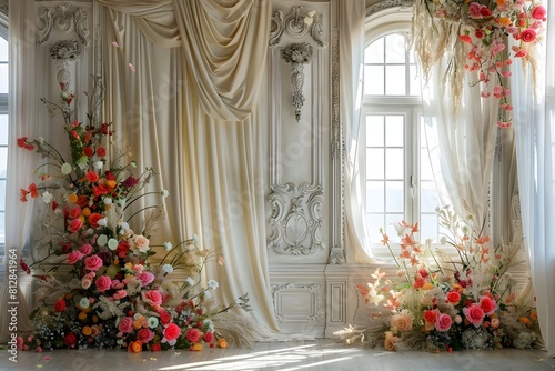 luxurious white room for wedding background with bouquet flora generative AI