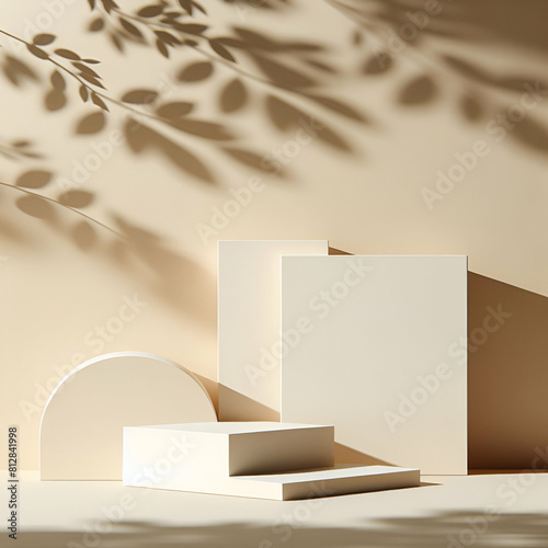 Podium and plant shadows on a beige background, suitable for product display