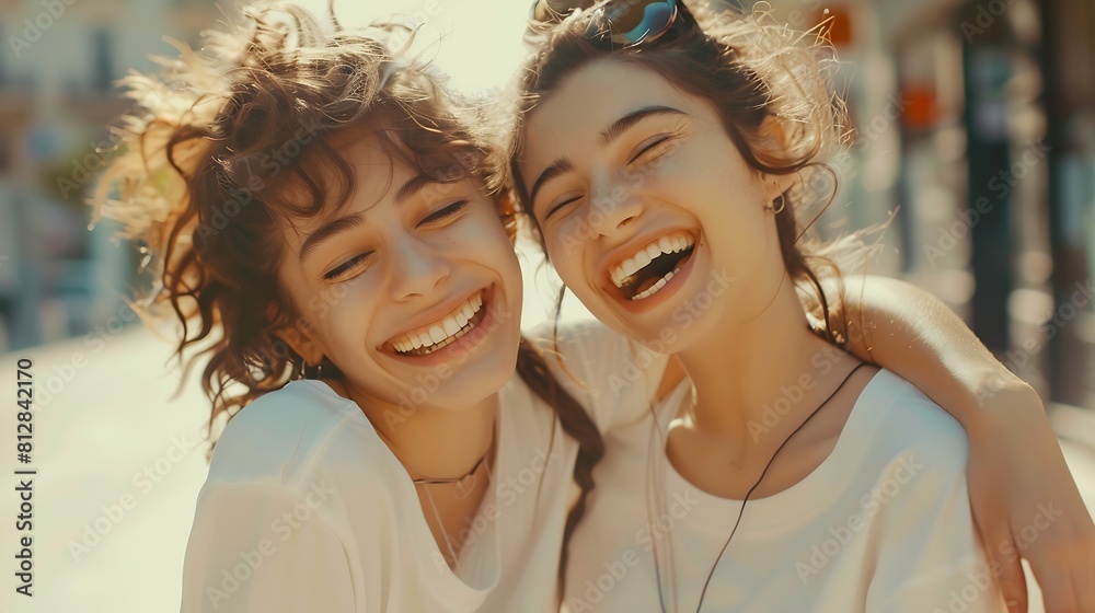 Portrait of two young beautiful smiling hipster female in trendy summer white tshirt clothesSexy carefree women posing on street background Positive models having fun hugging and going : Generative AI