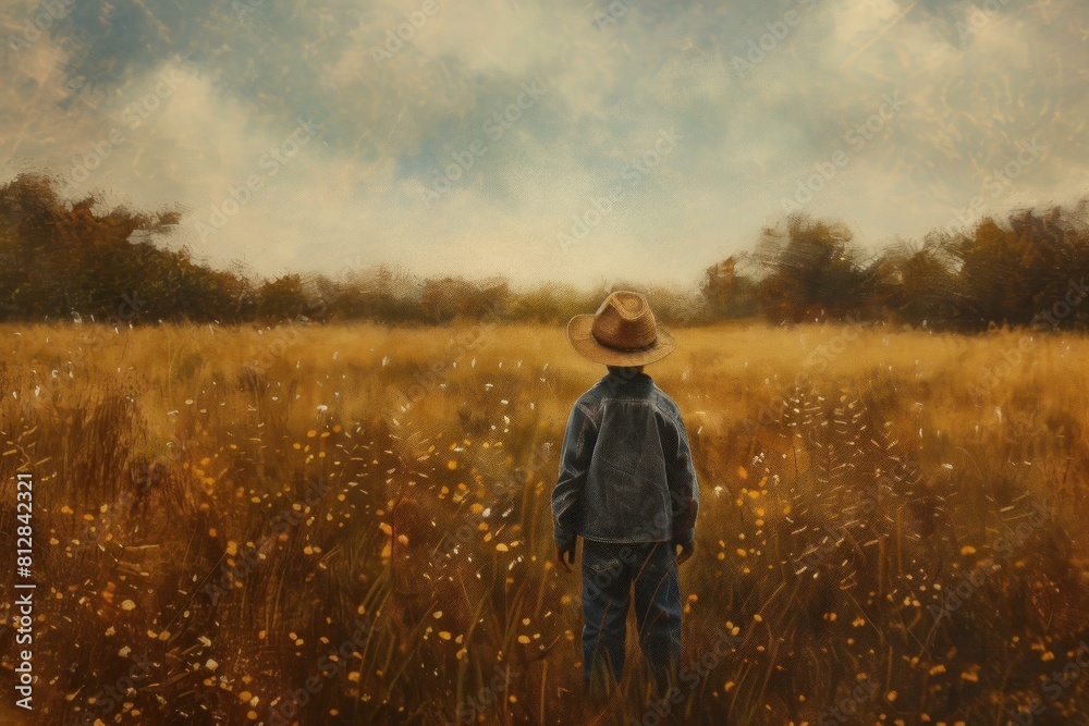 Young boy stands in a serene meadow, facing away, surrounded by wildflowers Young boy stands in a serene meadow, facing away, surrounded by wildflowers