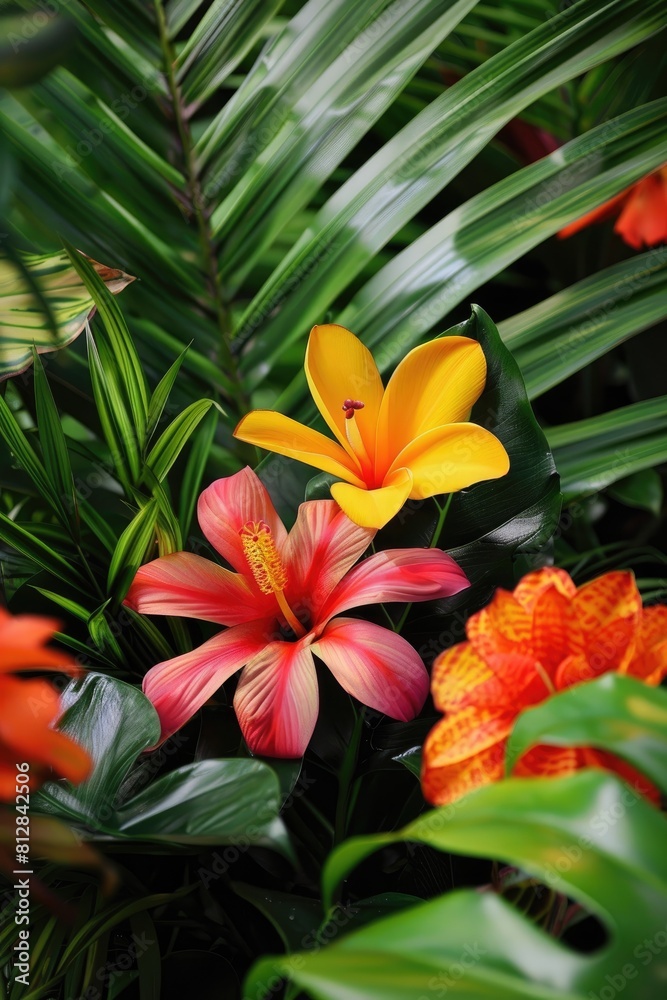 Fototapeta premium background of tropical leaves and flowers. Selective focus