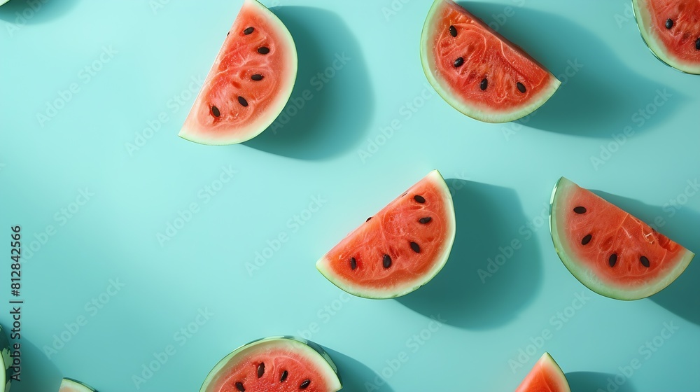 Modern retro color theme pattern of watermelon graphics against an aqua blue background with negative copy space : Generative AI Modern retro color theme pattern of watermelon graphics against an aqua blue background with negative copy space : Generative AI