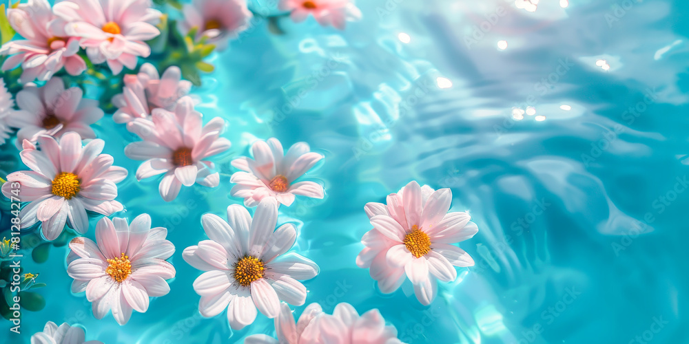 Delicate pink daisies float on shimmering turquoise pool, creating tranquil summer backdrop that evokes peace and beauty of nature in serene setting. Beautiful flower background. Copy space Delicate pink daisies float on shimmering turquoise pool, creating tranquil summer backdrop that evokes peace and beauty of nature in serene setting. Beautiful flower background. Copy space