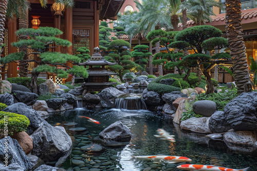 A serene shot of the resort's zen gardens, featuring intricate rock formations, bonsai trees, and a serene koi pond. © SyedMuavizur