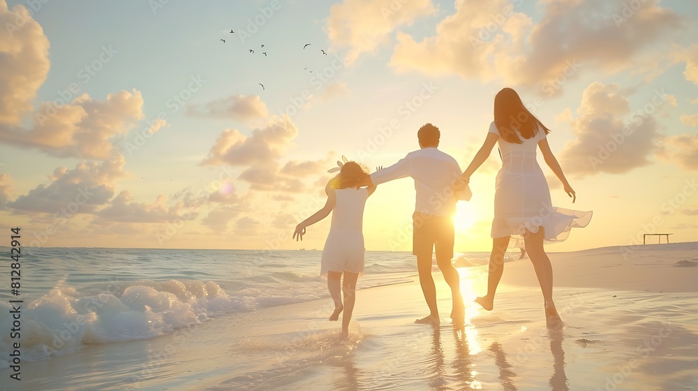 Fototapeta premium A happy family in white summer clothing is having fun on a tropical beach during sunset time : Generative AI