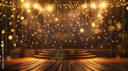 Gold stage scene with glitter light effects decorations and bokeh. Luxury background design concept