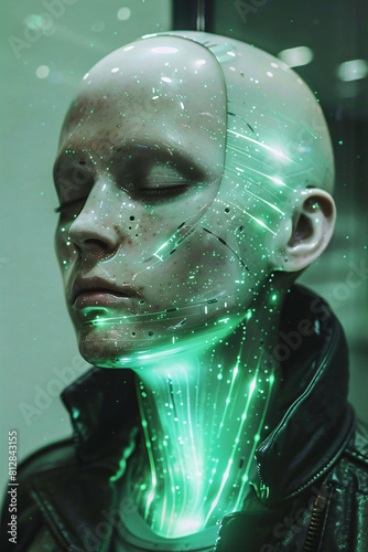 Mannequin head with futuristic neon green lights. Conceptual design for cybernetic themes and innovative technology art installations photo