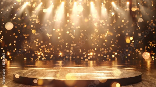 Gold stage scene with glitter light effects decorations and bokeh. Luxury background design concept photo