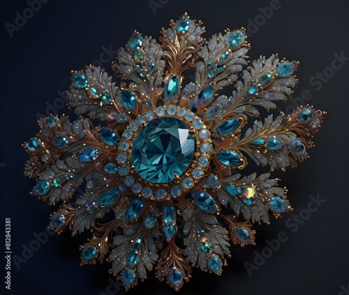 An ornate brooch sparkles with tiny crystals carefully filled with photoluminescent pigments creating a dazzling effect when exposed to UV light. generative AI photo