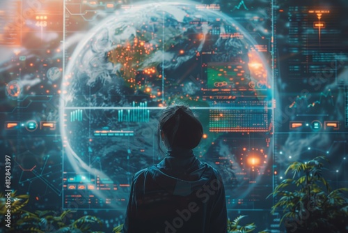 A woman is looking at a computer screen that shows a planet with many dots on it. The woman is wearing a hoodie and she is looking at the screen with interest