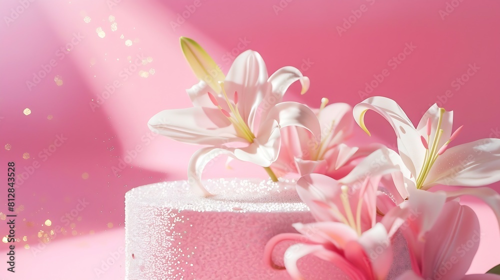 Blank cylinder podium with lily flowers on pink background with white glitter fabric Display for product presentation : Generative AI