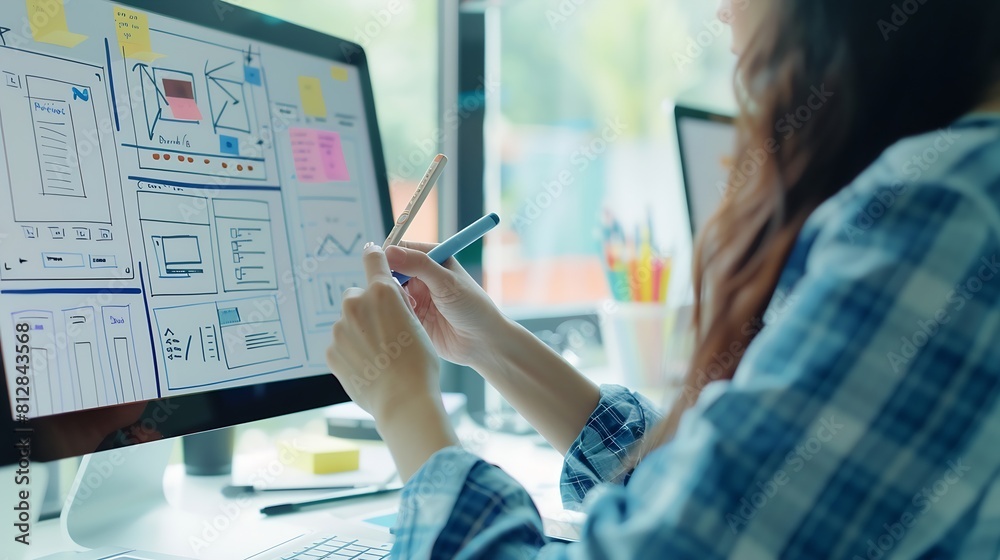 Woman designer create website design wireframe Sketch prototype ...