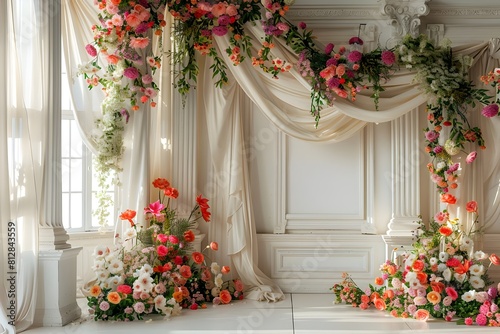 luxurious white room for wedding background with bouquet flora generative AI