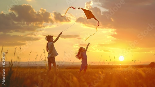 Happy children launch a kite in the field at sunset Little boy and girl on summer vacation : Generative AI