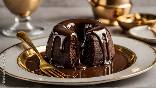 Chocolate Lava Cake it that has chocolate ganache liquid chocolate pouring out when sliced open on a solid 24k carat gold plate with large glass of cholate milk and perfectly placed utensils photo