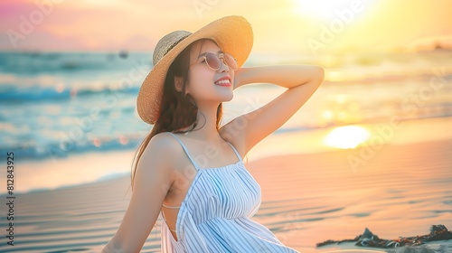 Wallpaper Mural Summer beach travel vacation concept Happy traveler asian woman with white dress relax on beach in evening at Thailand Vintage style : Generative AI Torontodigital.ca