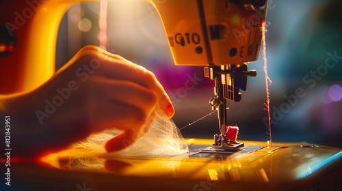 Woman hand close up sews tulle on electric sewing machine Filling the thread into the sewing needle adjusting the tension Comfort in the house a housewifes hobby layout of sewing tools : Generative AI photo