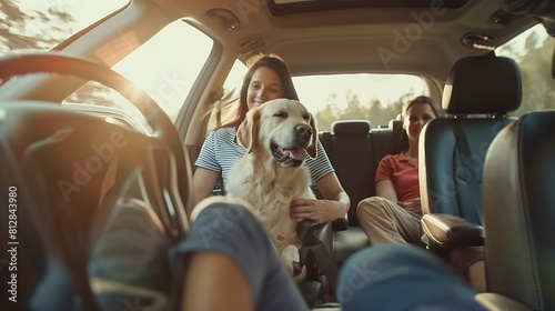 The whole family is driving for the weekend Mom and Dad with their daughter and a Labrador dog are sitting in the car Leisure travel tourism   Generative AI