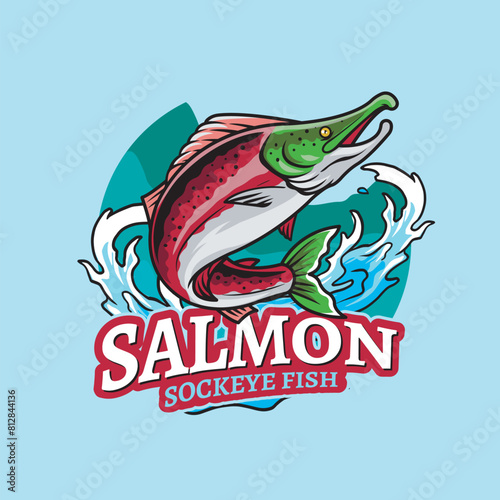 Vector Illustration of Sockeye Salmon and Waves with Vintage Illustration Available for Fishing Logo
