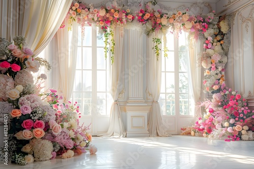 luxurious white room for wedding background with bouquet flora generative AI © Chill