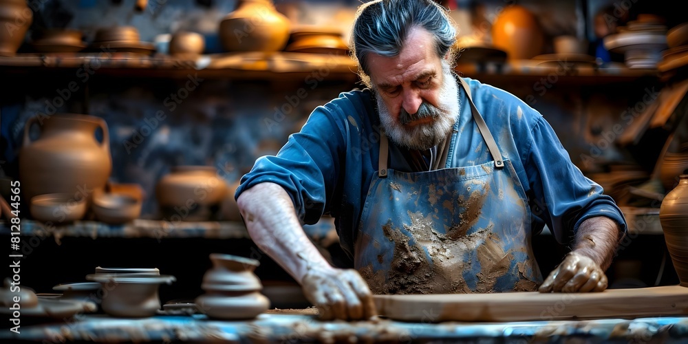 Image showcasing Artisan in apron rolling clay slab to create earthenware in pottery ...