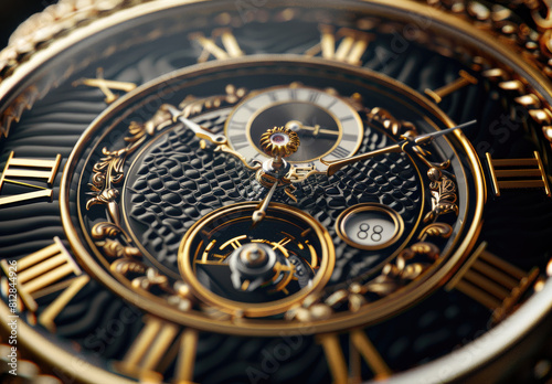 A closeup of the hands on an expensive watch  with intricate details and textures visible in the face and strap. The background is blurred to emphasize the focus on the timepiece