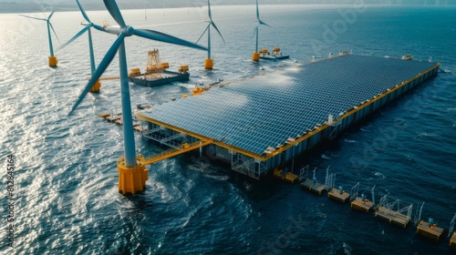 Innovative Infrastructure: Frame the engineering marvels of clean energy infrastructure, from floating solar farms to vertical axis wind turbines, pushing the boundaries of what's possible --ar 16:9 - photo