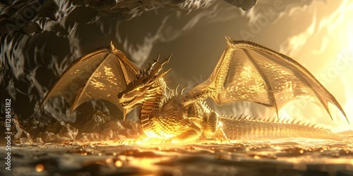 Dragon scales glowing gold in cave protecting treasure trove 3D silhouette. Concept Fantasy, Dragon, Treasure, 3D, Silhouette photo