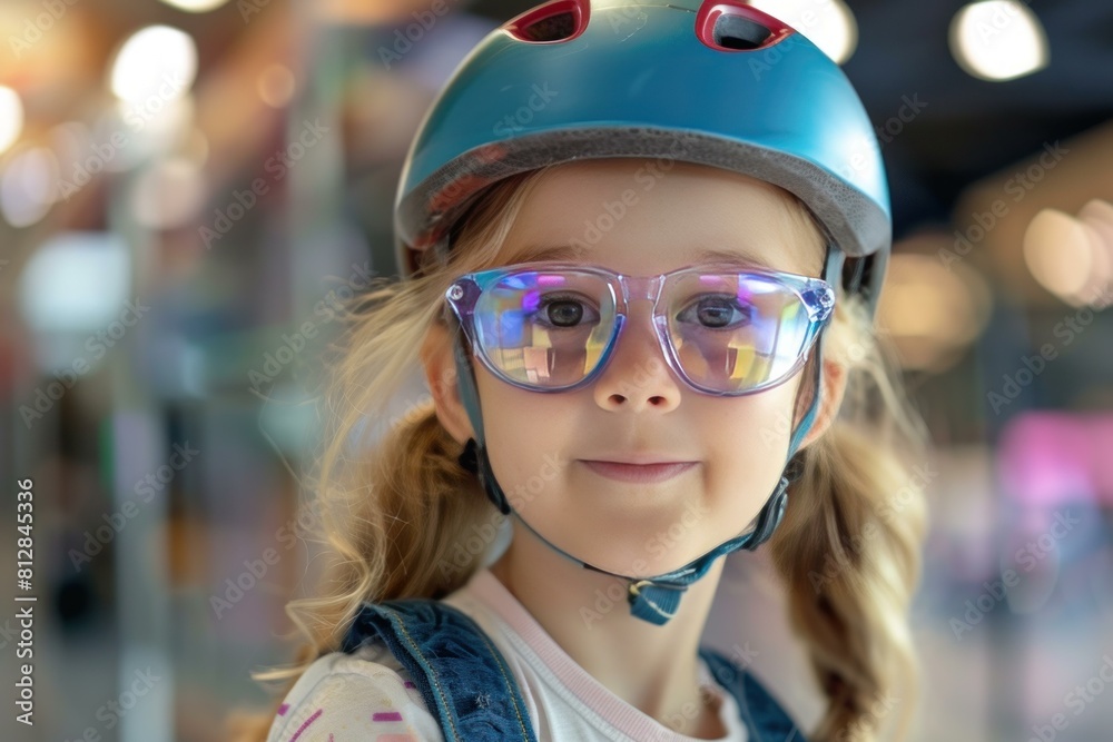 Closeup of a joyful young girl wearing a safety helmet and colorful glasses Closeup of a joyful young girl wearing a safety helmet and colorful glasses