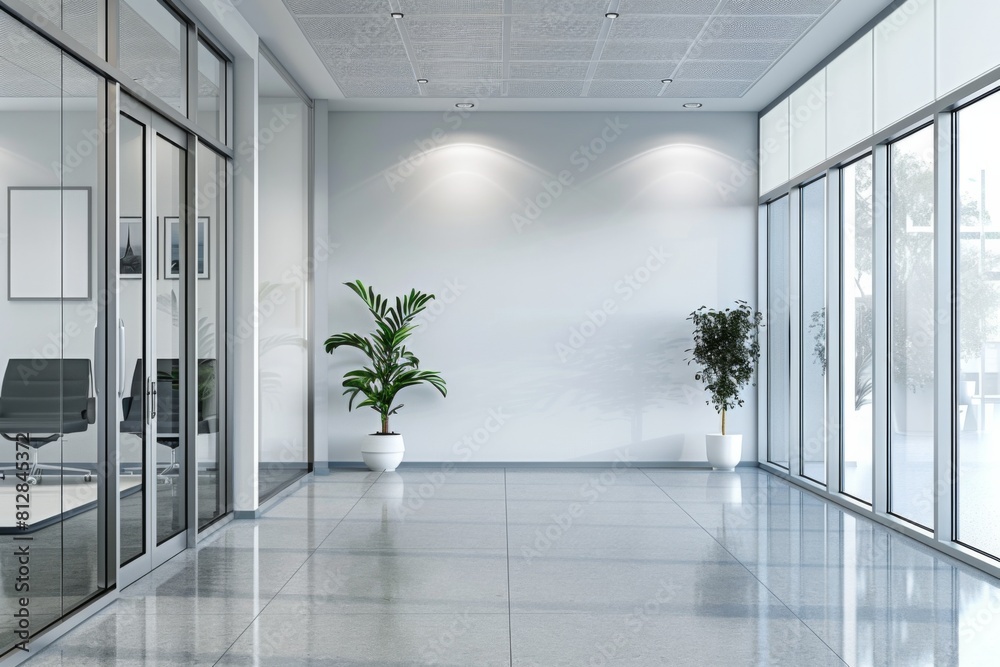 Empty Wall Mockup in Modern Office Interior created with Generative AI Empty Wall Mockup in Modern Office Interior created with Generative AI