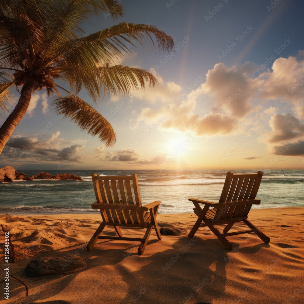 Wooden chairs are placed on the beach with the background of the beautiful sea in the evening.