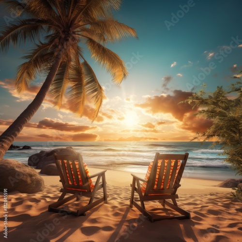 Wooden chairs are placed on the beach with the background of the beautiful sea in the evening.