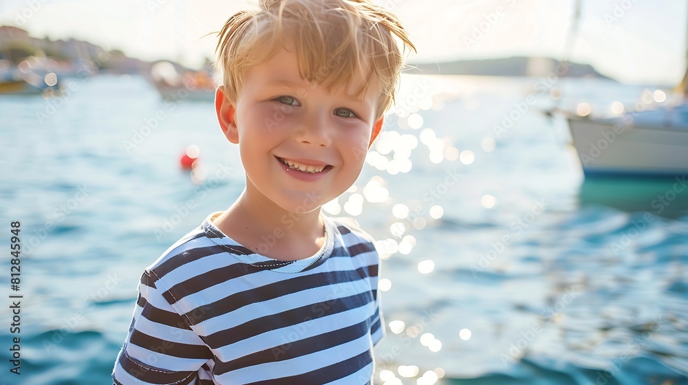 Cheerful young child in a striped tshirt smiles at the camera with the sea and boats in the background during summer vacation : Generative AI Cheerful young child in a striped tshirt smiles at the camera with the sea and boats in the background during summer vacation : Generative AI