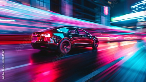 Electrifying Transportation: Zoom in on the sleek lines of electric vehicles (EVs) zipping past, signaling the electrification revolution reshaping the automotive industry 