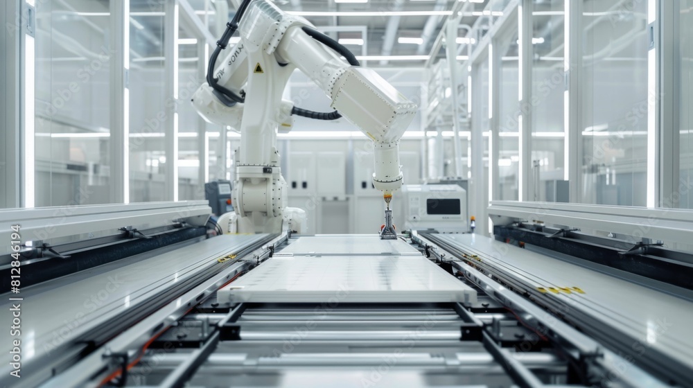 Future Factory: Step inside the clean energy factories of tomorrow, where robots assemble solar panels and 3D printers churn out wind turbine components with precision --ar 16:9 -