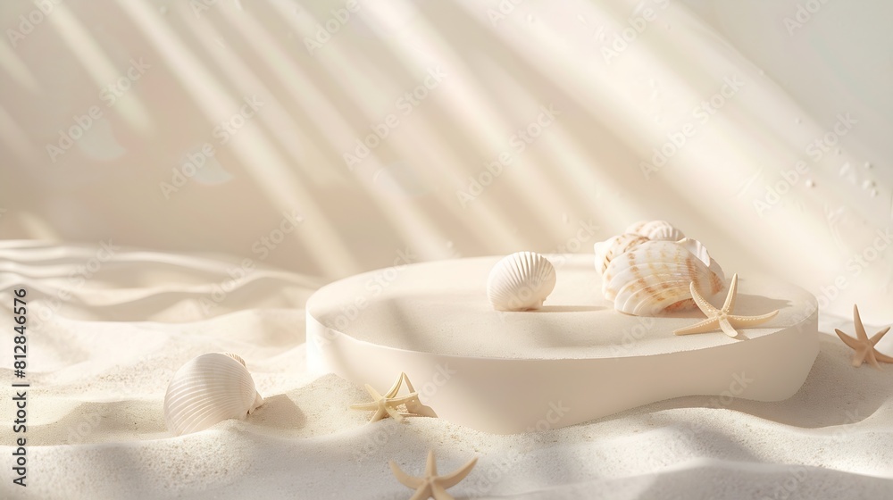 Empty round beige platform podium with sea shells and starfish on white beach sand background Minimal creative composition background for cosmetics or products presentation Front view : Generative AI Empty round beige platform podium with sea shells and starfish on white beach sand background Minimal creative composition background for cosmetics or products presentation Front view : Generative AI